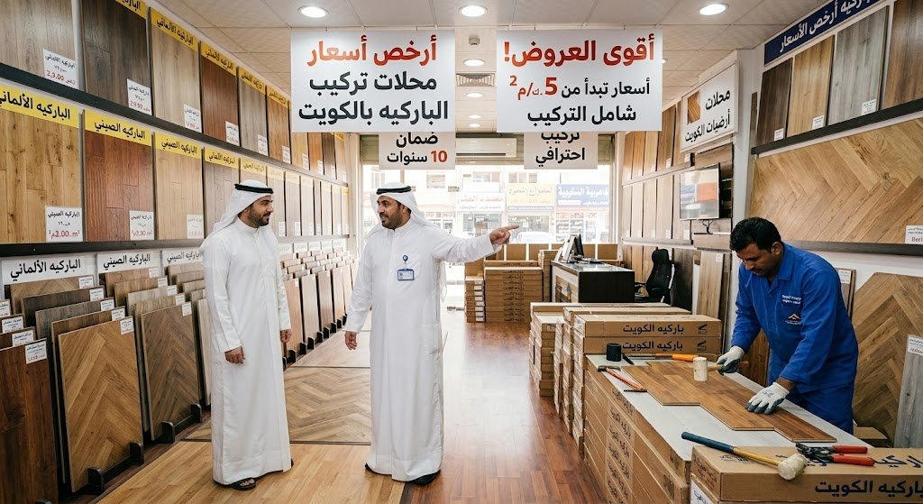 عميل يعاين عينات باركيه خشبية اقتصادية ومتنوعة مع بائع داخل محل للأرضيات في الكويت