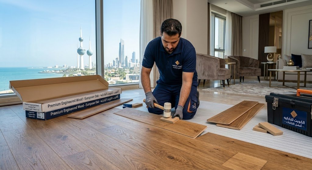 فني محترف يركب ألواح الباركيه الخشبية المتداخلة بدقة وسرعة داخل غرفة حديثة في الكويت